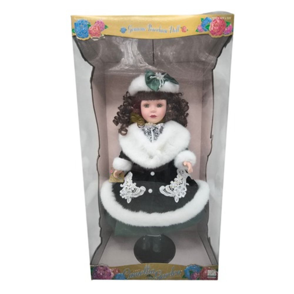 1997 Brass Key Camellia Garden Winter Green Dress Doll w/ Fur Trim 16" Doll